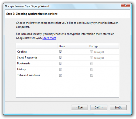 Google Browser Sync – Choosing synchronization options
