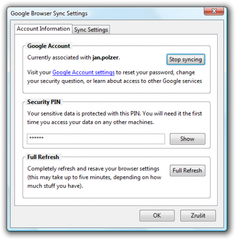 Google Browser Sync Settings