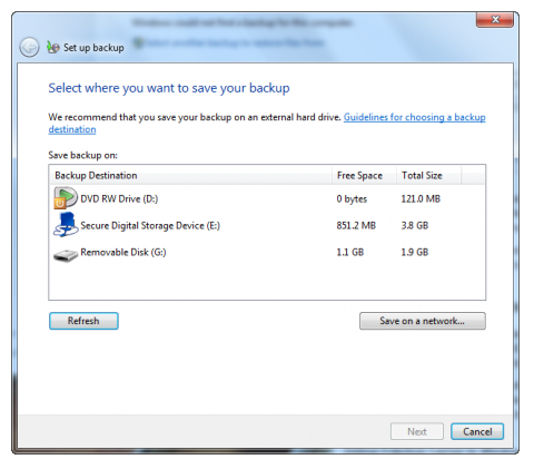 Set up backup windows in Windows 7