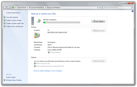 Windows 7’s Backup and Restore tool in action