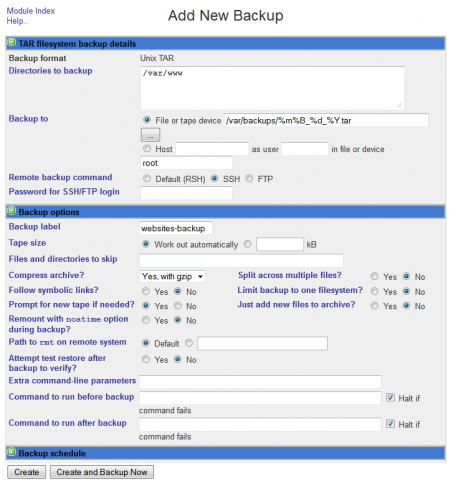 2. Setting up a website backup in Webmin