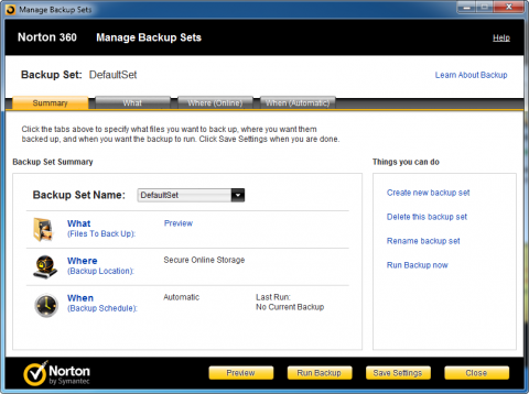 Norton 360 5.0 - managing backup sets