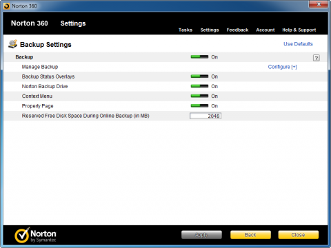 Norton 360 5.0 - backup settings