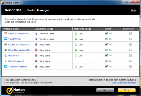 Norton 360 5.0 - startup manager