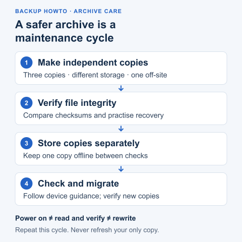 Four-step archive maintenance cycle: make independent copies, verify file integrity, store copies separately, and check and migrate.