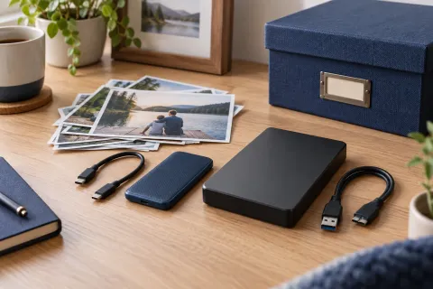 A portable SSD and an external hard drive beside printed family photographs and an archive box.